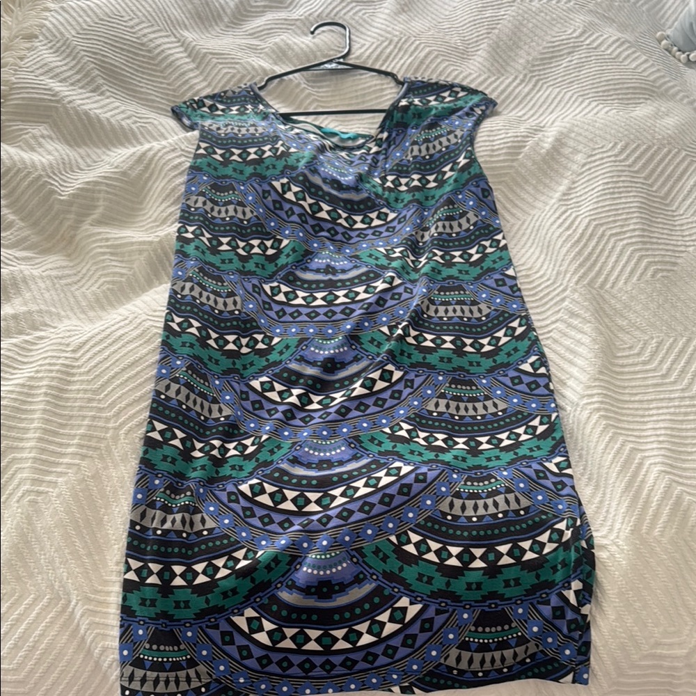Tori Richard Blue and Green Sheath Dress Sleeveless Midi